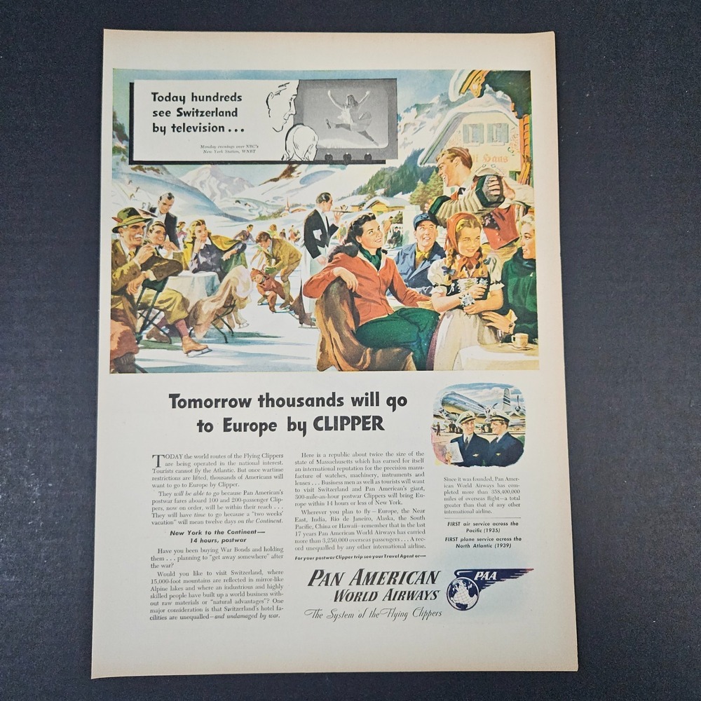 1945 Pan Am‎ American World Airways Clipper Vintage Print Ad Europe Switzerland